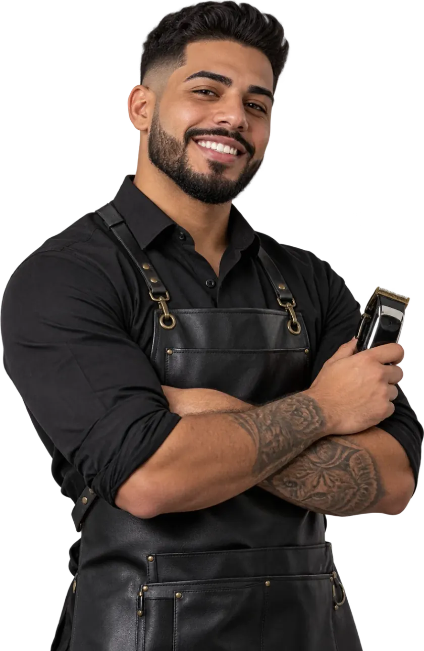 Barbeiro jovem vestido de preto, sorrindo, com a máquina de corte na mão